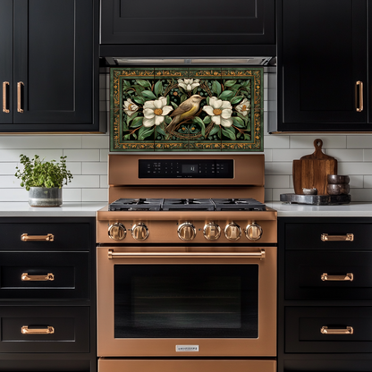 Bird and Floral Glass Backsplash Tile, Decorative Kitchen Wall Art, Custom Glass Panel, Made in USA