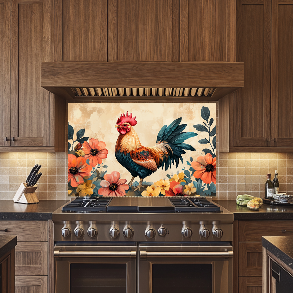 Rustic Colorful Rooster Glass Backsplash • Farmhouse Kitchen Panel • Vibrant Wall Art • Modern Home Decor • Decorative Kitchen Accent