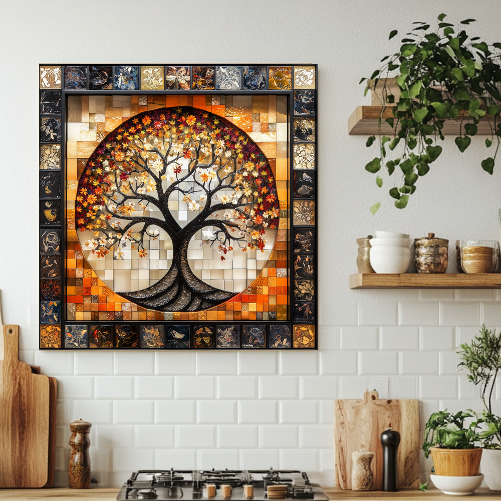 Stunning Life of Tree Mosaic Look One Piece Tempered Glass Kitchen Backsplash for Stove Behind, Kitchen Splashback, Glass Wall Art