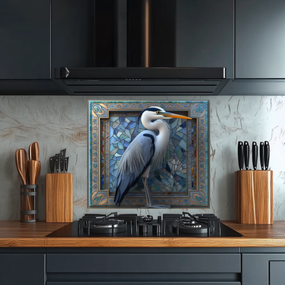 Blue Heron Glass Backsplash, Tempered Glass Wall Art Panel, Coastal Bird Kitchen Backsplash, Modern Wildlife Glass Splashback Decor
