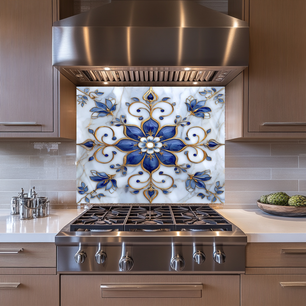 Blue Pattern Marble Look One Piece Tempered Glass Kitchen Splashback For Stove Behind, Kitchen Backsplash, Kitchen Backsplash, Wall Art