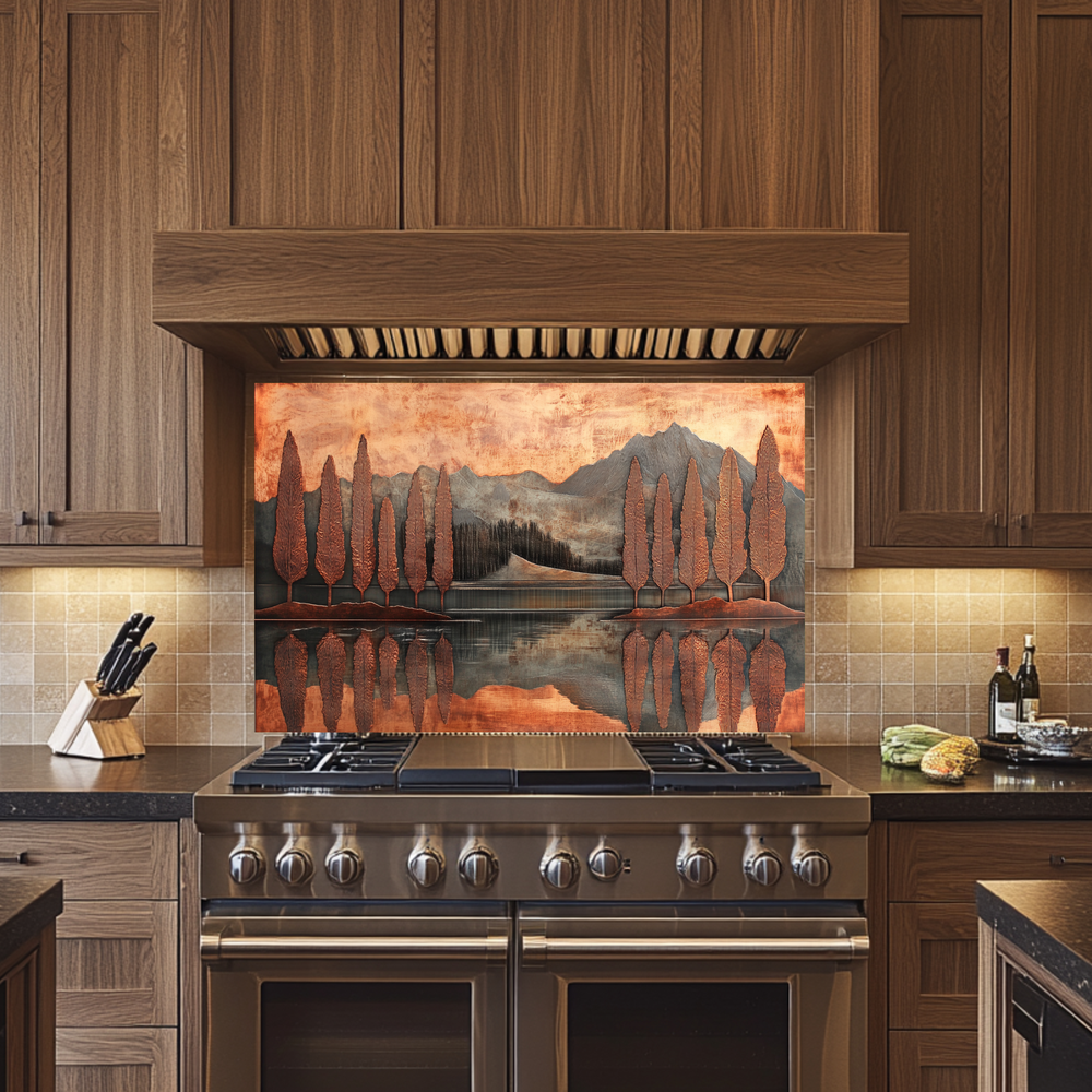 Copper Look Nature Landscape Glass Backsplash • Rustic Wall Art Panel • Mountain River Home Decor • Earthy Decorative Piece