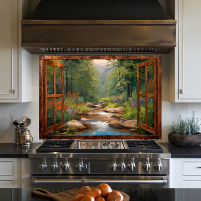 Nature View Glass Backsplash Panel, Scenic Landscape Tempered Glass Wall Art, Serene Kitchen Decor, Window Style Nature Scene, Home Accent