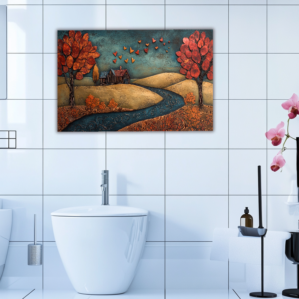 Romantic House Landscape with Hearts Printed Tempered Glass Kitchen Backsplash Splashback or Wall Art Panel for Cozy Home Decor
