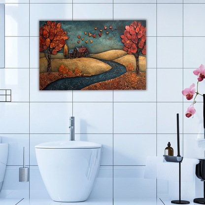 Romantic House Landscape with Hearts Printed Tempered Glass Kitchen Backsplash Splashback or Wall Art Panel for Cozy Home Decor