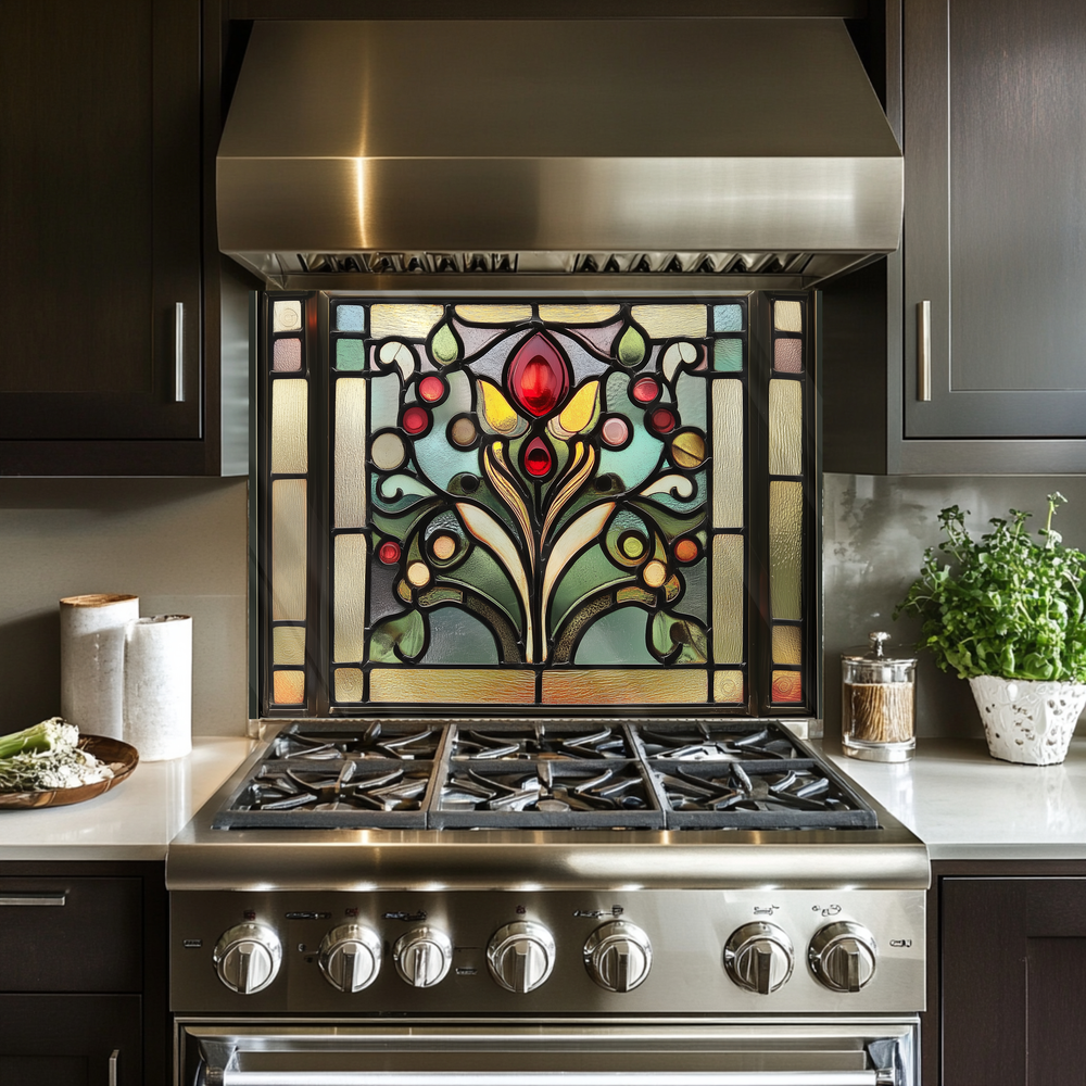 Stained Glass One Piece Tempered Glass Kitchen Splashback For Stove Behind, Kitchen Backsplash, Wall Art