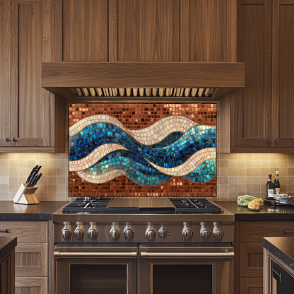 Mosaic Copper Ocean Wave Glass Backsplash • Coastal Wall Art Panel • Artistic Blue Water Kitchen Decor • Textured Nautical Design