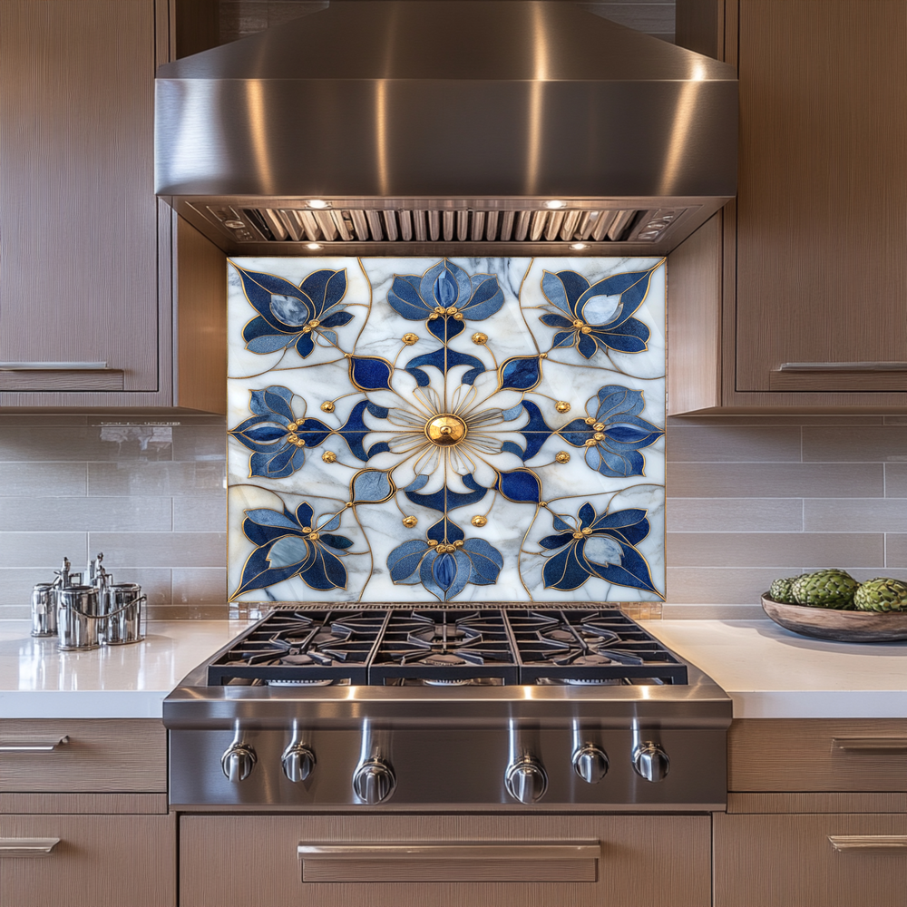 Blue&Gold Pattern Marble Look One Piece Tempered Glass Kitchen Splashback For Stove Behind, Kitchen Backsplash, Kitchen Backsplash, Wall Art