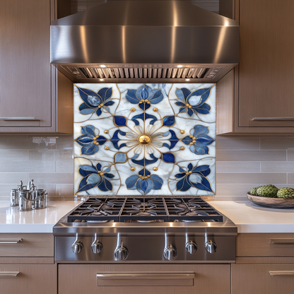 Blue&Gold Pattern Marble Look One Piece Tempered Glass Kitchen Splashback For Stove Behind, Kitchen Backsplash, Kitchen Backsplash, Wall Art