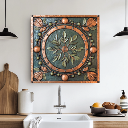 Copper Look Olive Leaves One Piece Tempered Glass Kitchen Splashback For Stove Behind, Kitchen Backsplash, Wall Art
