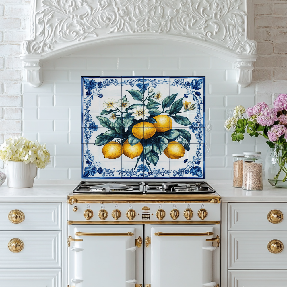 Lemon Branches One Piece Tempered Glass Kitchen Splashback For Stove Behind, Kitchen Backsplash, Wall Art