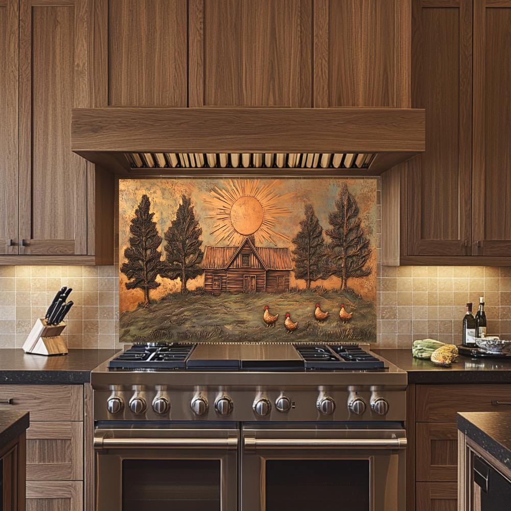 Copper Look Nature and Roosters Landscape Glass Backsplash • Rustic Wall Art Panel • Peaceful Home Decor • Decorative Tile for Stove Behind