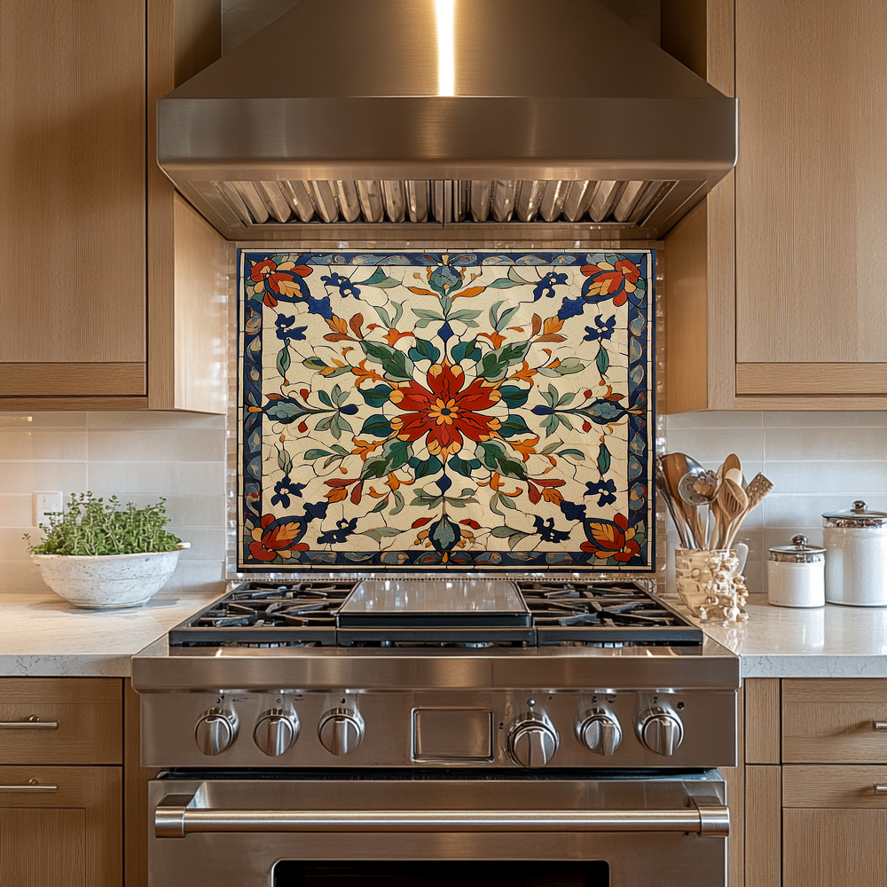 Red Ottoman Patterns One Piece Tempered Glass Kitchen Splashback For Stove Behind, Kitchen Backsplash, Kitchen Backsplash, Wall Art