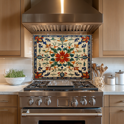 Red Ottoman Patterns One Piece Tempered Glass Kitchen Splashback For Stove Behind, Kitchen Backsplash, Kitchen Backsplash, Wall Art