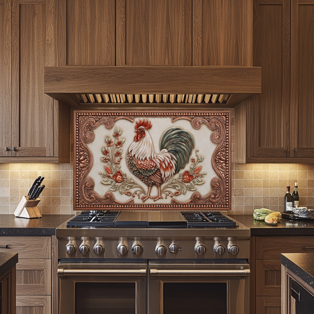 Copper Embossed Mediterranean Rooster Glass Backsplash • Rustic Kitchen Panel • Artistic Farmhouse Tile Design • Traditional Wall Piece