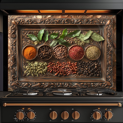 Copper Look Spice Bowls Print One Piece Tempered Glass Kitchen Splashback For Stove Behind, Kitchen Backsplash, Wall Art