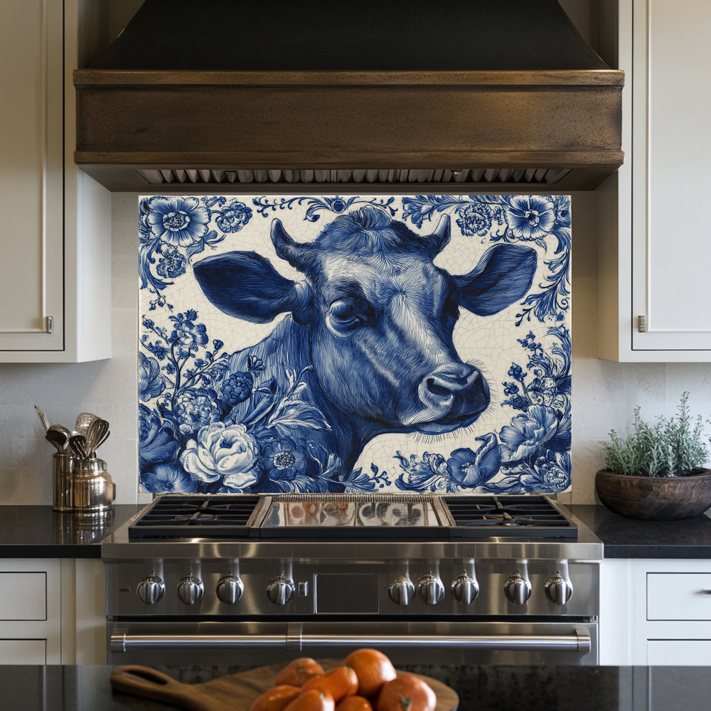 Delft Blue Cow Glass Backsplash Panel, Tempered Glass Wall Art, Dutch Farmhouse Kitchen Decor, Cow Pattern Tile, Rustic Animal Wall Panel