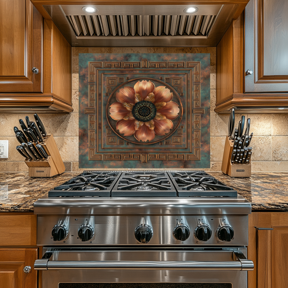 Floral Copper Look Kitchen Backsplash, Pattern Tile One Piece Tempered Glass Kitchen Splashback For Stove Behind