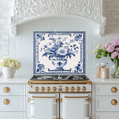 Delft Blue Vase One Piece Tempered Glass Kitchen Splashback For Stove Behind, Kitchen Backsplash, Wall Art