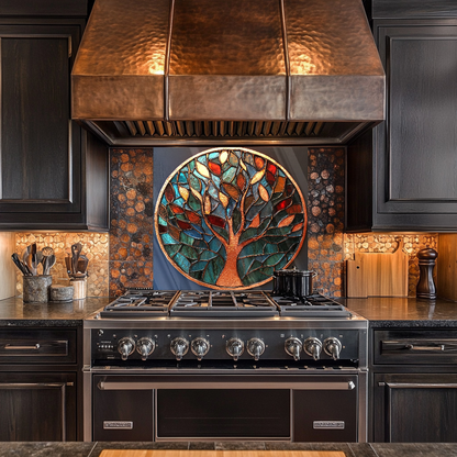 Life of Tree Stained Glass Look One Piece Tempered Glass Kitchen Splashback For Stove Behind, Kitchen Backsplash, Kitchen Backsplash, Wall Art