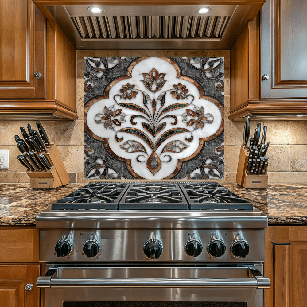 Ottoman Pattern on Marble Print Background Glass Backsplash for Kitchen Stove, Custom Wall Art, Heat-Resistant Kitchen Decor