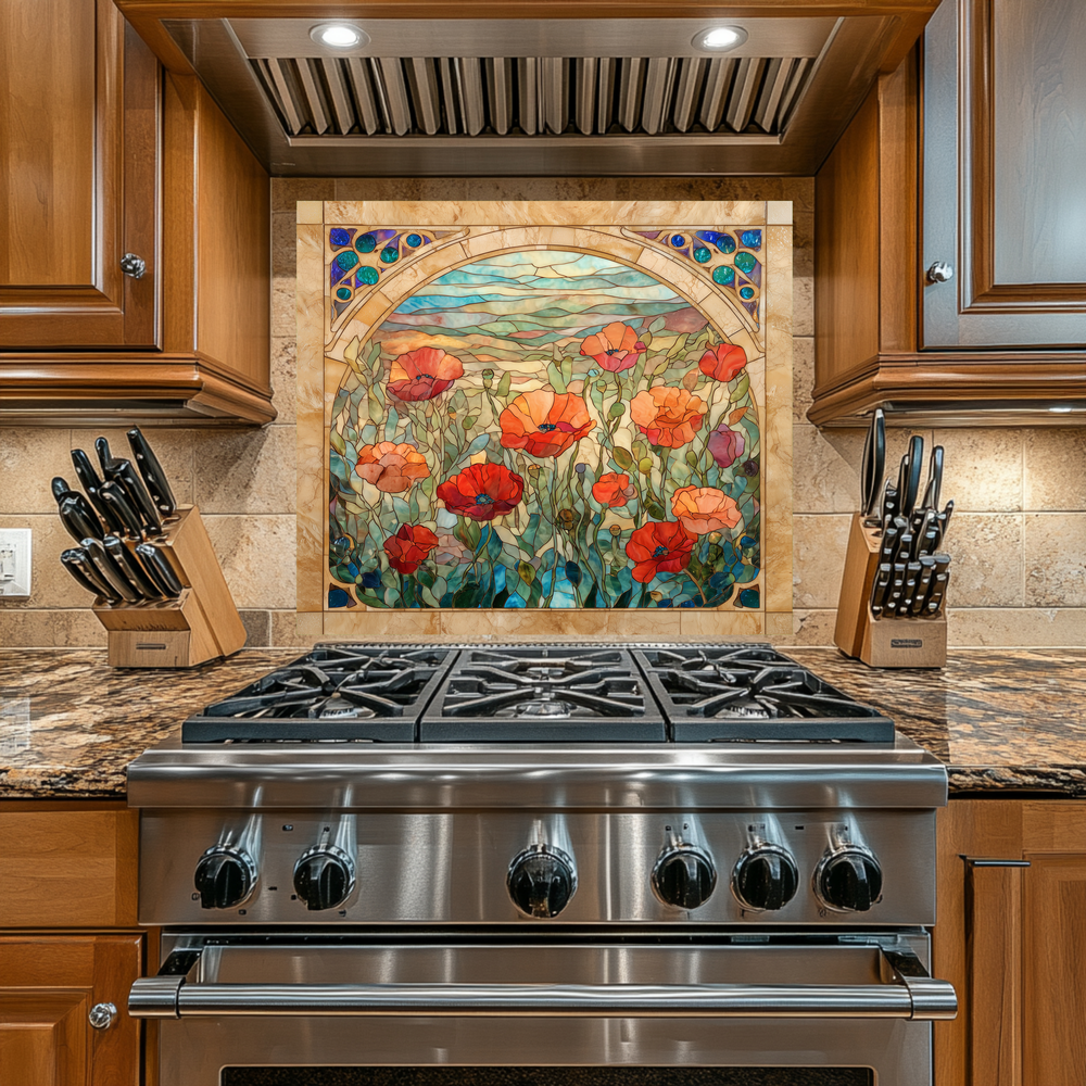 Colorful Poppy Flowers Glass Backsplash • Artistic Floral Kitchen Panel • Bold Botanical Wall Accent • Vibrant Modern Home Decor