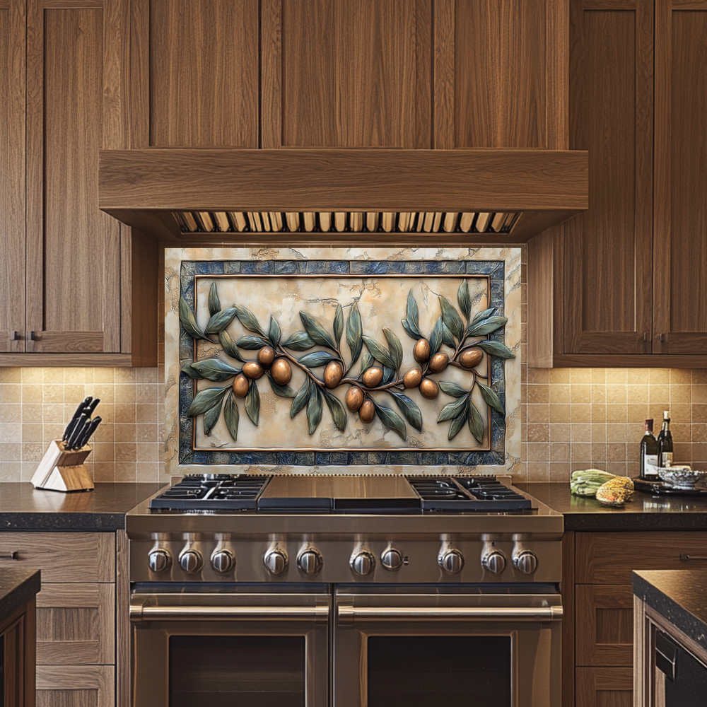 Copper Look Olive Branches One Piece Tempered Glass Kitchen Splashback For Stove Behind, Kitchen Backsplash, Wall Art