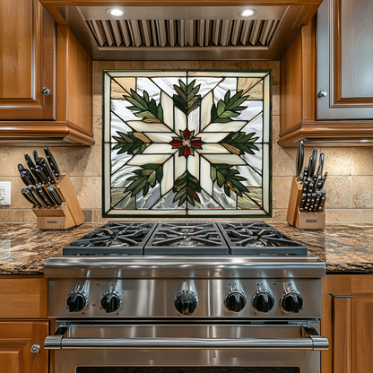 Stained Glass Leaves Kitchen Backsplash • Nature Inspired Glass Panel with Leaf Motifs • Heat-Resistant Glass for Stove Behind