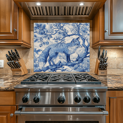 Delft Blue Fox Kitchen Glass Backsplash • Stove Behind Cover • Nature Inspired Kitchen Splashback Panel • Blue-White Home Decor