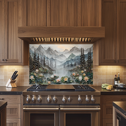 Made in USA, Floral Landscape Glass Backsplash & Wall Art – Pine Tree Splashback