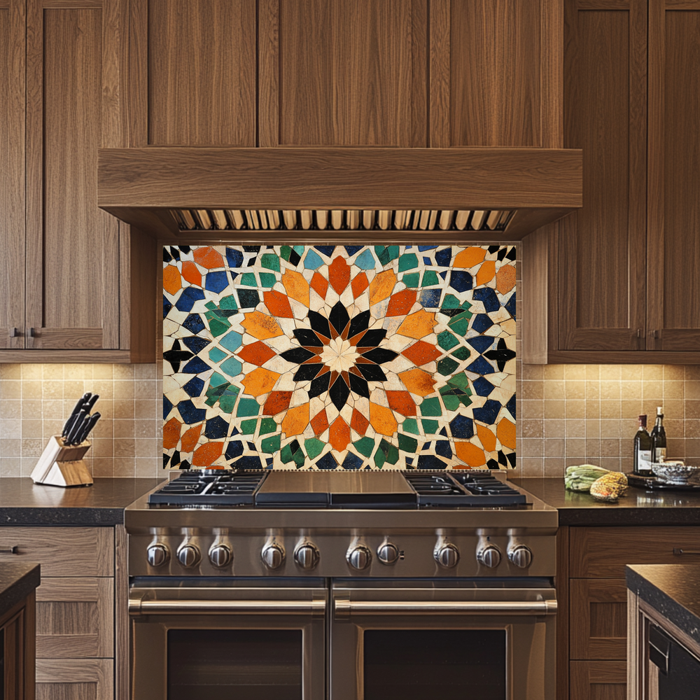 Colored Stone Flooring Look One Piece Tempered Glass Kitchen Splashback For Stove Behind, Kitchen Backsplash, Wall Art