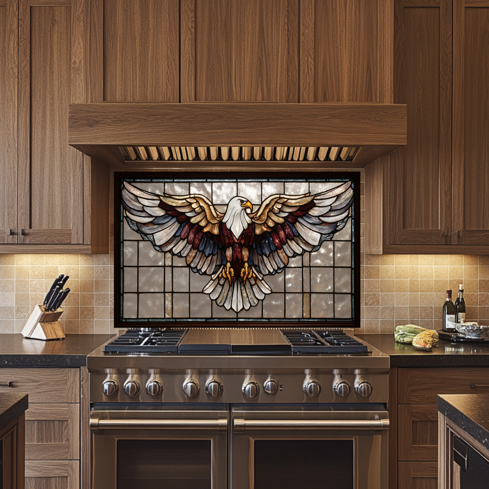 Stained Glass Style Eagle Glass Backsplash Panel, UV Printed Tempered Kitchen Wall Art, Nature Inspired Theme Decorative Glass Tile