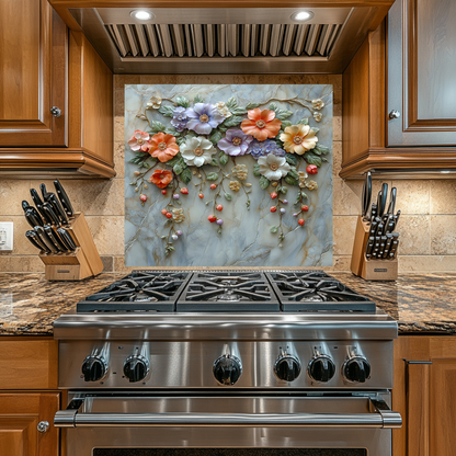 Embossed Flowers One Piece Tempered Glass Kitchen Splashback For Stove Behind, Kitchen Backsplash, Wall Art