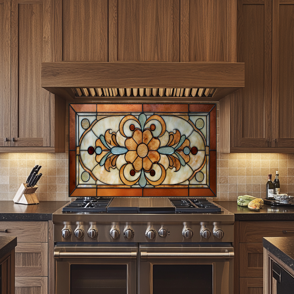 Floral Stained Look Glass Style Backsplash Panel, Tempered Glass Wall Art, Timeless Color Design, Elegant Kitchen Decor, Stove Protector