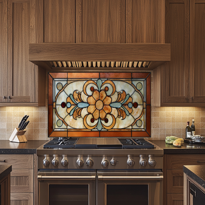 Floral Stained Look Glass Style Backsplash Panel, Tempered Glass Wall Art, Timeless Color Design, Elegant Kitchen Decor, Stove Protector