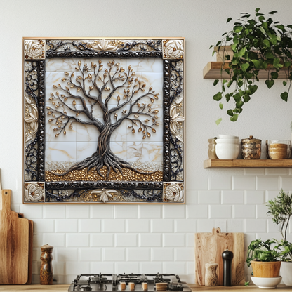 Attractive Life of Tree Framed Look One Piece Tempered Glass Kitchen Backsplash for Stove Behind, Kitchen Splashback, Glass Wall Art