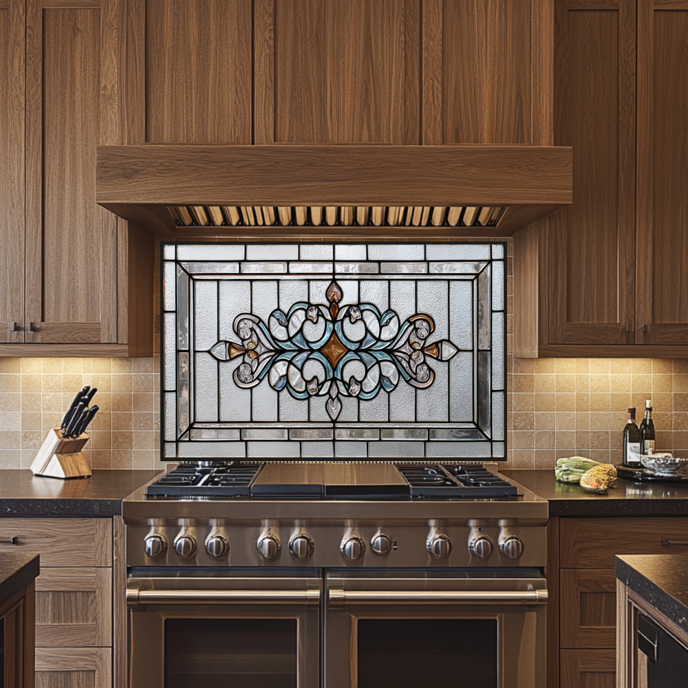 Classic Stained Look Glass Style Backsplash Panel, Tempered Glass Wall Art, Timeless Color Design, Elegant Kitchen Decor, Stove Protector