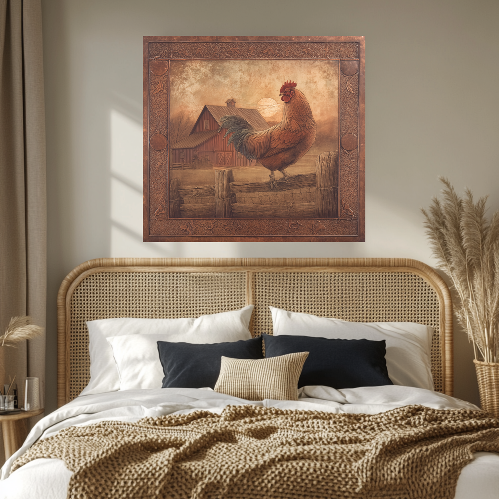 Copper Embossed Look Mediterranean Rooster Glass Backsplash • Rustic Kitchen Panel • Artistic Farmhouse Tile Design • Traditional Wall Piece