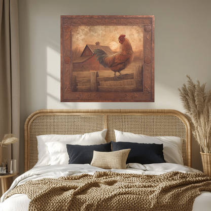 Copper Embossed Look Mediterranean Rooster Glass Backsplash • Rustic Kitchen Panel • Artistic Farmhouse Tile Design • Traditional Wall Piece