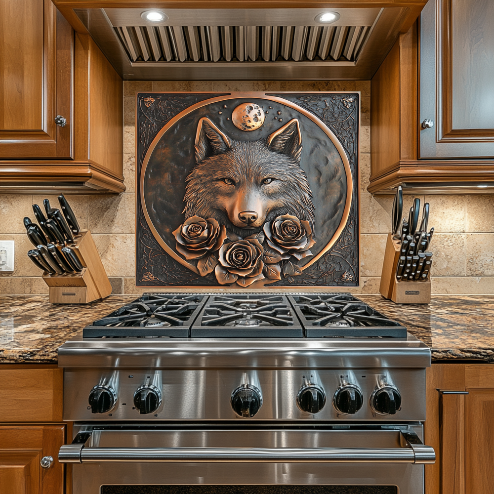 Copper Look Wolf and Roses Glass Backsplash Panel, Tempered Glass Wall Art, Rustic Kitchen Decor, Floral Wolf Design, Modern Stove Protector