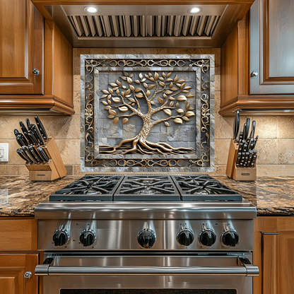Carved Look Tree of Life Print One Piece Tempered Glass Kitchen Splashback For Stove Behind, Kitchen Backsplash, Wall Art