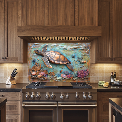 Copper Embossed Look Sea Turtle Glass Backsplash • Coastal Kitchen Panel • Artistic Ocean Texture • Nautical Decorative Panel
