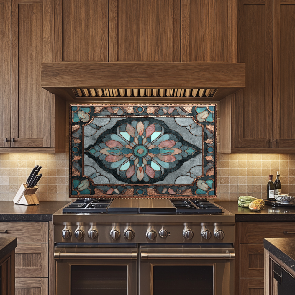 Ottoman Pattern on Marble Print Background Glass Backsplash for Kitchen Stove, Custom Wall Art, Heat-Resistant Kitchen Decor