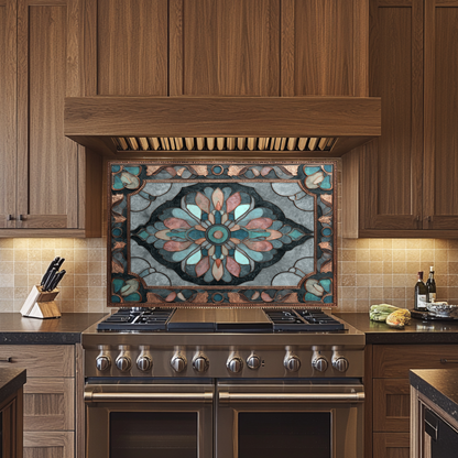 Ottoman Pattern on Marble Print Background Glass Backsplash for Kitchen Stove, Custom Wall Art, Heat-Resistant Kitchen Decor