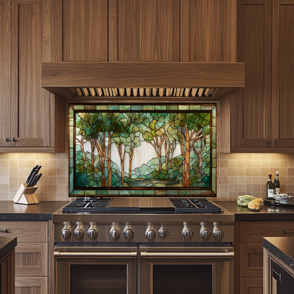 Stained Glass Look Forest Backsplash, Woodland Tree Scene Printed on Tempered Glass, Nature Inspired Kitchen Wall Art Panel