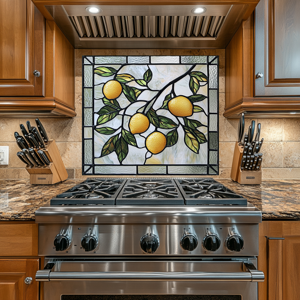 Stained Glass Look Kitchen Backsplash, Lemon Tile One Piece Tempered Glass Kitchen Splashback For Stove Behind, Oven Backsplash (Kopya)