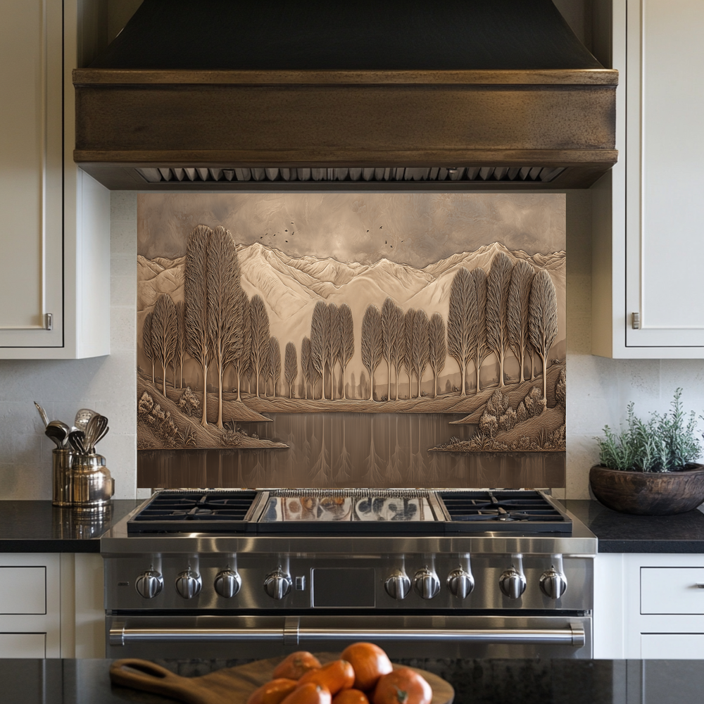 Copper Look Nature Landscape Glass Backsplash • Rustic Wall Art Panel • Mountain River Home Decor • Earthy Decorative Piece