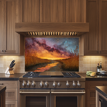 Starry Sky Nature Glass Backsplash • Night Landscape Kitchen Panel • Cosmic Forest Wall Art • Scenic Galaxy Design
