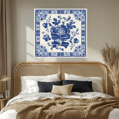 Floral Delft Blue Glass Backsplash, Blue White Dutch Style Wall Art, Custom Printed Glass Panel, Made in USA