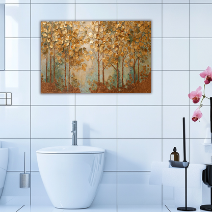 Forest Nature Artwork in Copper Tones Printed Tempered Glass Kitchen Splashback Backsplash Wall Panel for Modern Rustic Decor